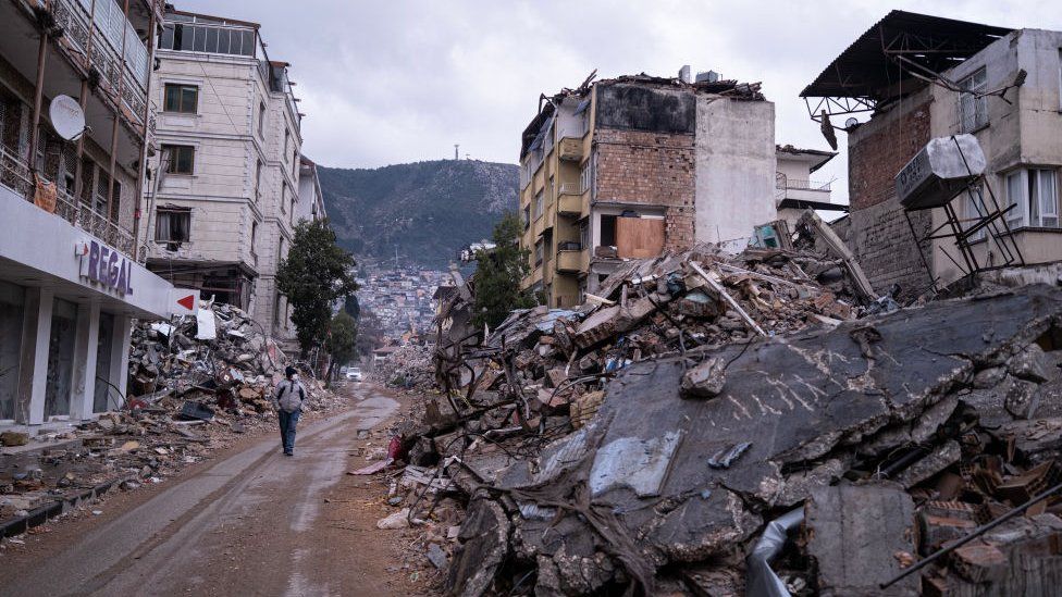Destroyed buildings in Hatay, southern Turkey, after a new earthquake hit the region on Monday