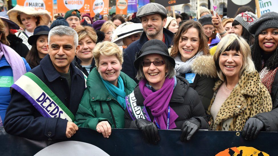 Sadiq Khan, Sandi Toksvig, and Helen Pankhurst at March4Women London 2018