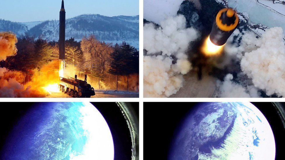 Два снимка запуска ракеты Северной Кореи и два снимка Земли, сделанные с ракеты в космосе