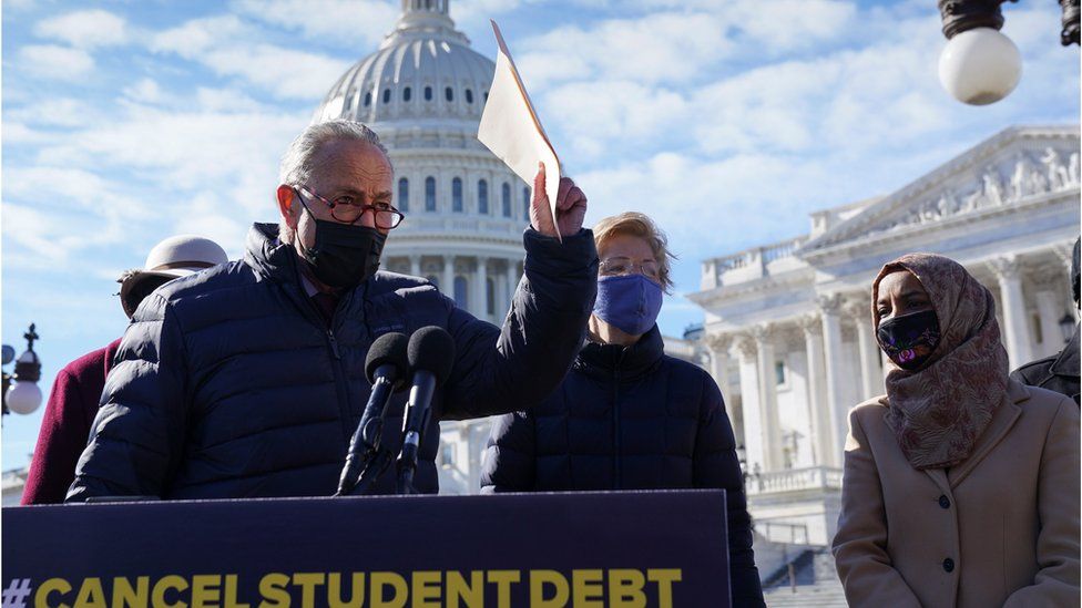 Senate Majority Leader Chuck Schumer (D-NY) holds a news conference to reintroduce a resolution to cancel up to $50,000 of student loan debt, at the Capitol in Washington, U.S., February 4, 2021.