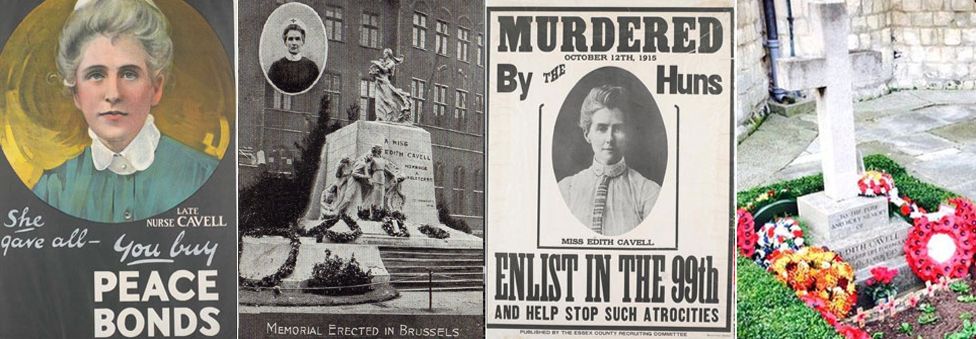 Two propaganda posters, a postcard showing her memorial in Brussels and her grave in Norwich