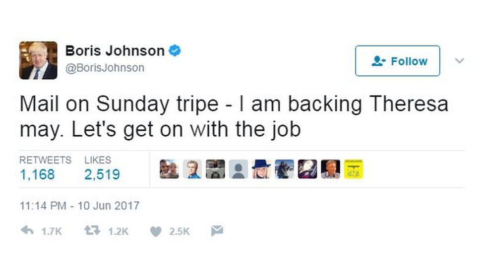 Boris Johnson tweets: "Mail on Sunday tripe - I am backing Theresa may. Let's get on with the job"