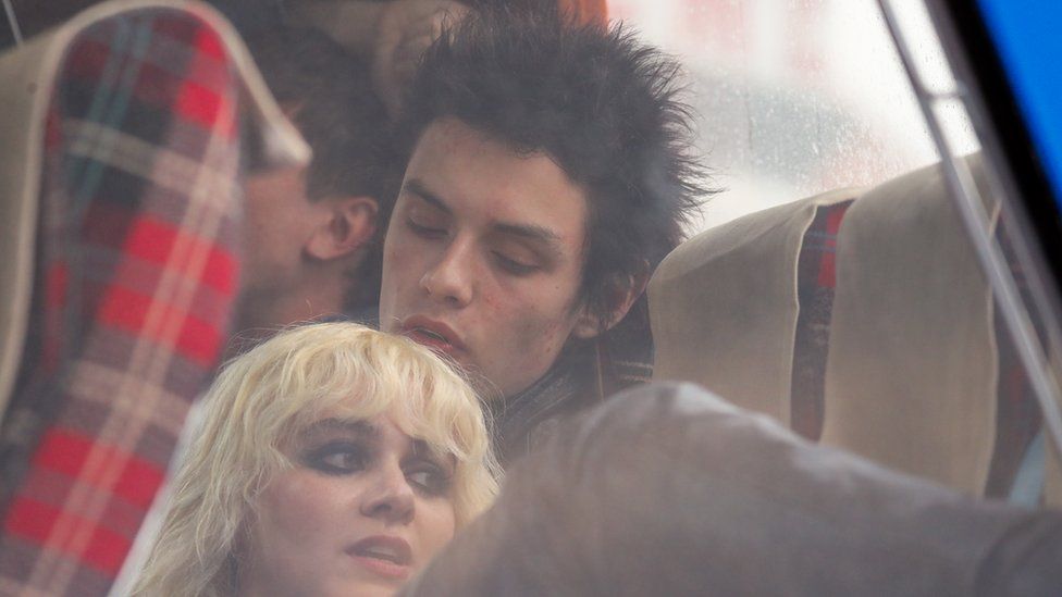 Actors Louis Partridge and Emma Appleton, aka Sid and Nancy, seen on the set of Pistol in April