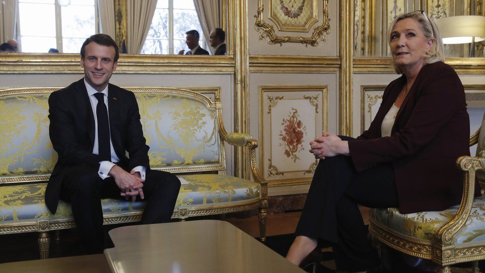 French President Emmanuel Macron (L) meets French Member of Parliament and President of the Rassemblement National (RN) far-right party Marine Le Pen (R) at the Elysee Palace for a meeting with French President Emmanuel Macron in Paris, France, 06 February 2019