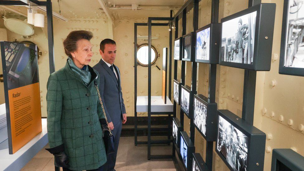 The Princess Royal, with Kerry Rooney Business Development Manager for HMS Caroline, attends the reopening of HMS Caroline and the Pumphouse at Alexandra Dock, in the Titanic Quarter, Belfast