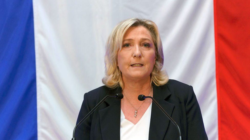 French far-right National Rally leader Marine Le Pen delivers a speech