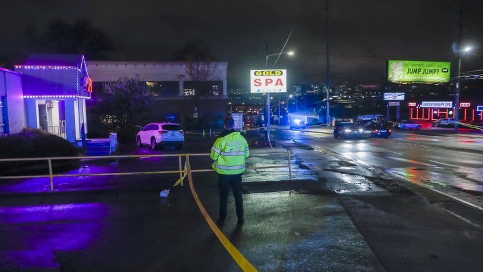 Atlanta Police Department officers investigate the scene of a shooting outside a spa on Piedmont Road in Atlanta, Georgia, USA, 16 March 2021