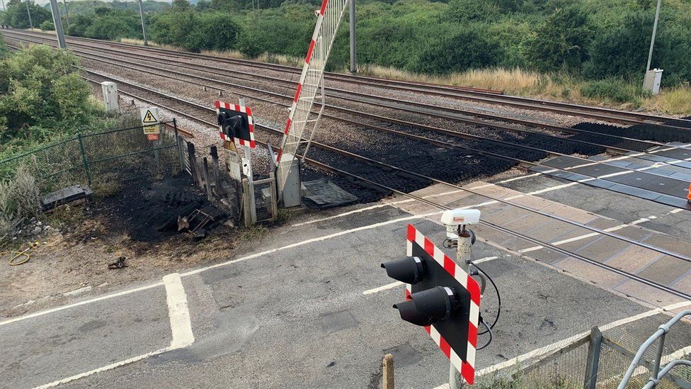 The aftermath of a fire on the line near Peterborough