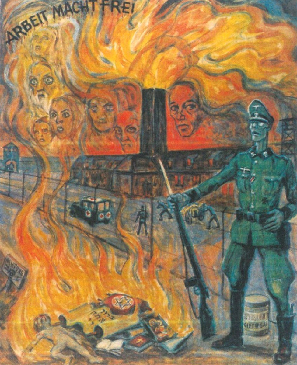 Olère painting - SS guard/crematoria/bodies (courtesy of Auschwitz-Birkenau Memorial)