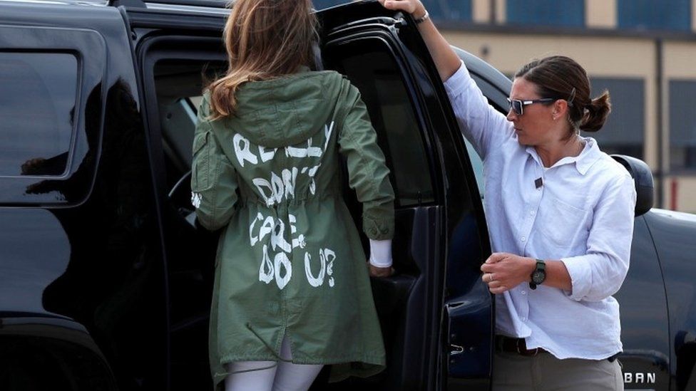 Melania Trump wears a jacket which reads 'I really don't care, do u?'