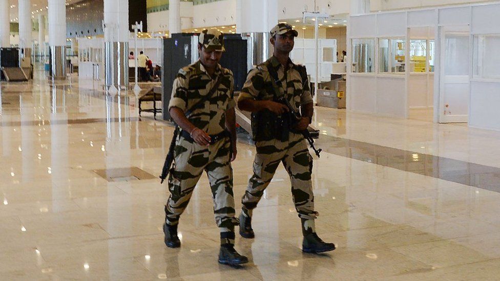 Armed Central Industrial Security Force (CISF) patrol at a new international arrival terminal, developed under an airport modernisation programme in Chennai on 28 September 2018