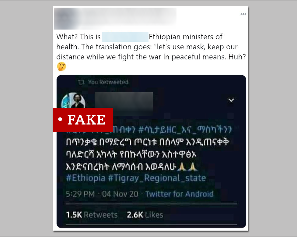 Screen shot of fake tweet labelled Fake