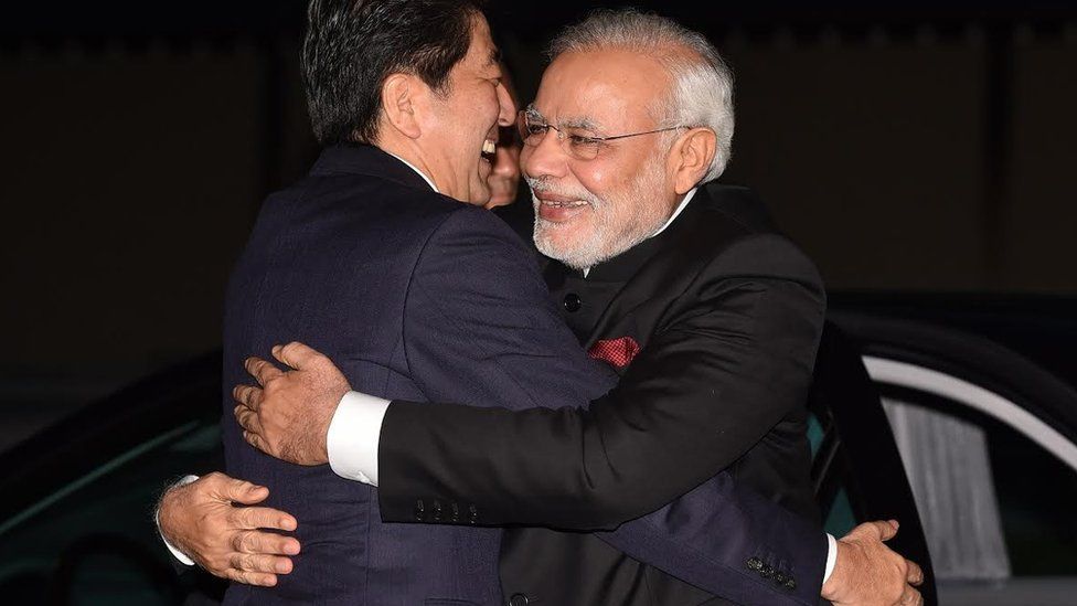Modi hugging Shinzo Abe