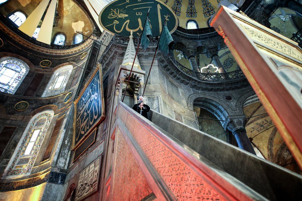 Turkish Religious Affairs Directorate Ali Erbas speaks at the Hagia Sophia Grand Mosque in Istanbul, Turkey