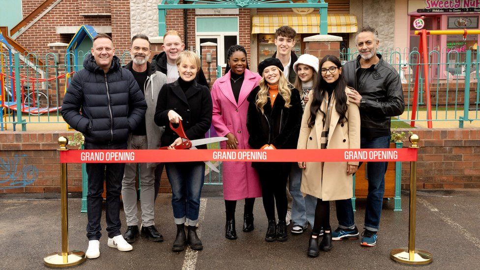 Coronation Street cast members including Sally Dynevor, Antony Cotton, Jimmi Harkishin, Daniel Brocklebank, Channique Sterling-Brown, Elle Mulvaney, Tanisha Gorey, James Craven and Colson Smith officially open the Weatherfield Precinct, a new set for the famous residents to visit.