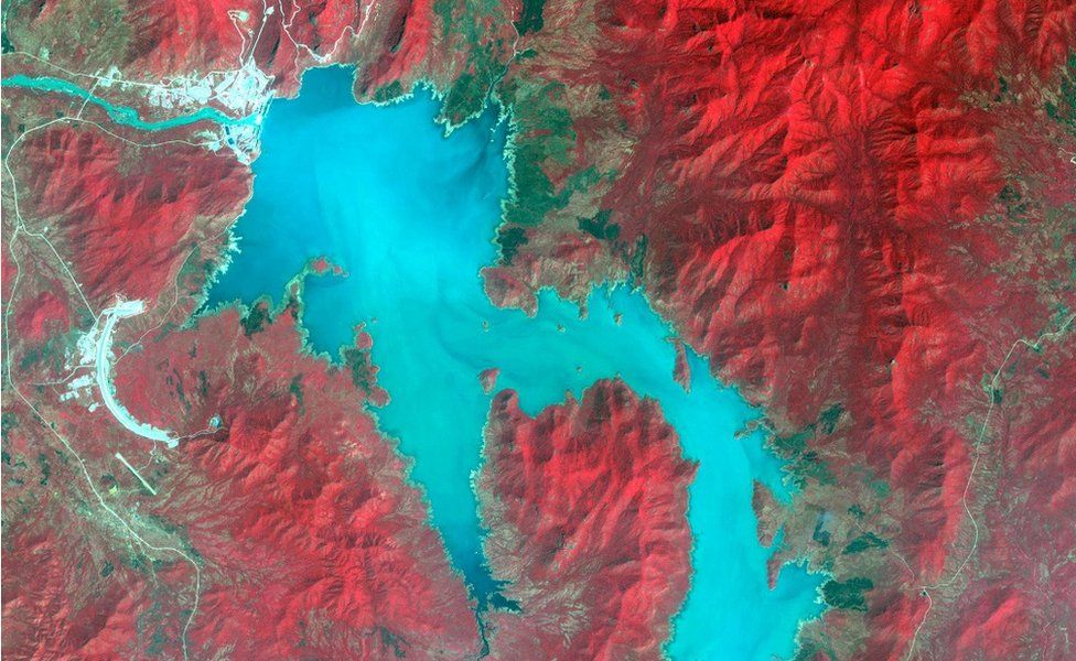 The Blue Nile River is seen as the Grand Ethiopian Renaissance Dam reservoir fills near the Ethiopia-Sudan border, in this broad spectral image taken November 6, 2020.