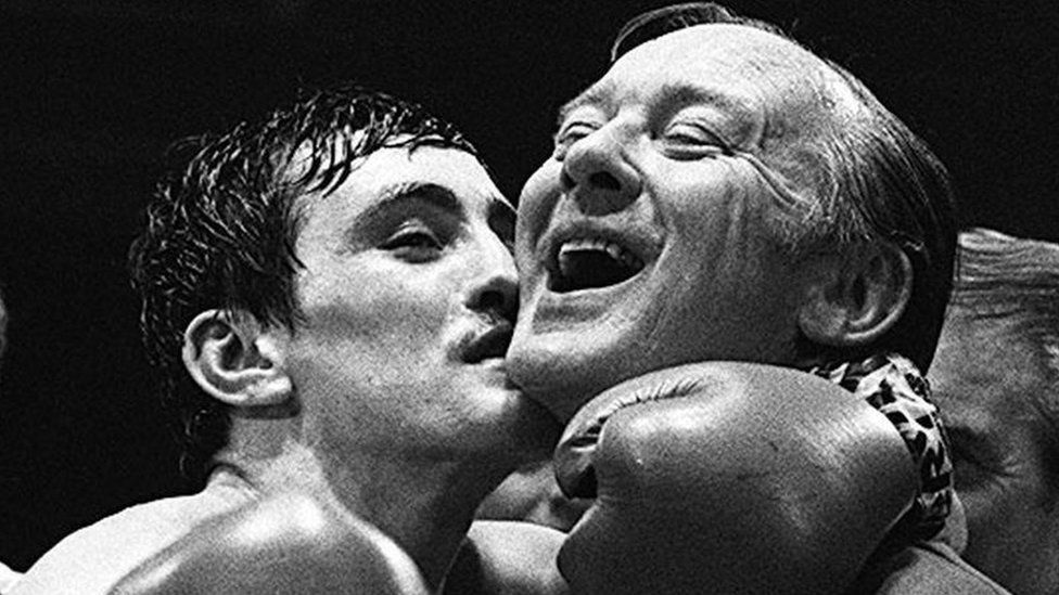 Barry McGuigan pictured with Barney Eastwood in 1983 after he claimed the European featherweight title in the King's Hall