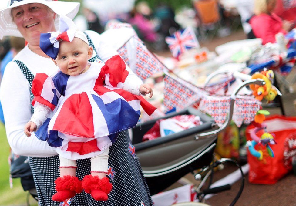 Baby Sophia wears a Union Jack themed outfit during the Morecambe Town Council street party amid celebrations marking the Jubilee