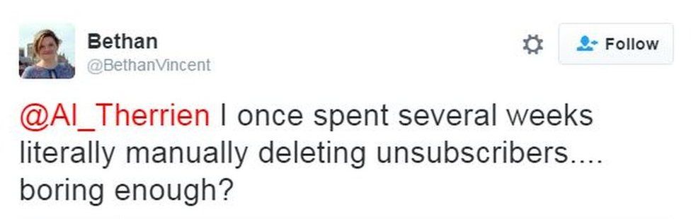 A tweet from @bethanvincent. It says: I once spent several weeks literally manually deleting unsubscribers.... boring enough?