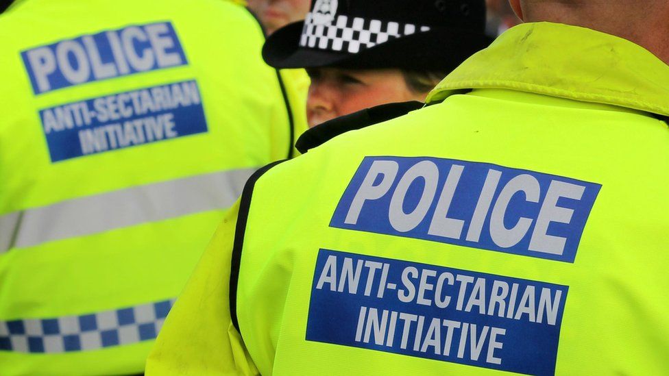 photo dated 18/09/11 of police wearing Anti-Sectarian Initiative jackets at the Old Firm match between Glasgow Rangers and Glasgow Celtic at Ibrox, Glasgow.