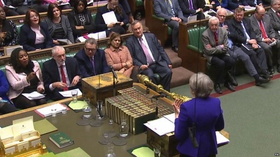 Theresa May responding to Jeremy Corbyn at Prime Minister's Questions