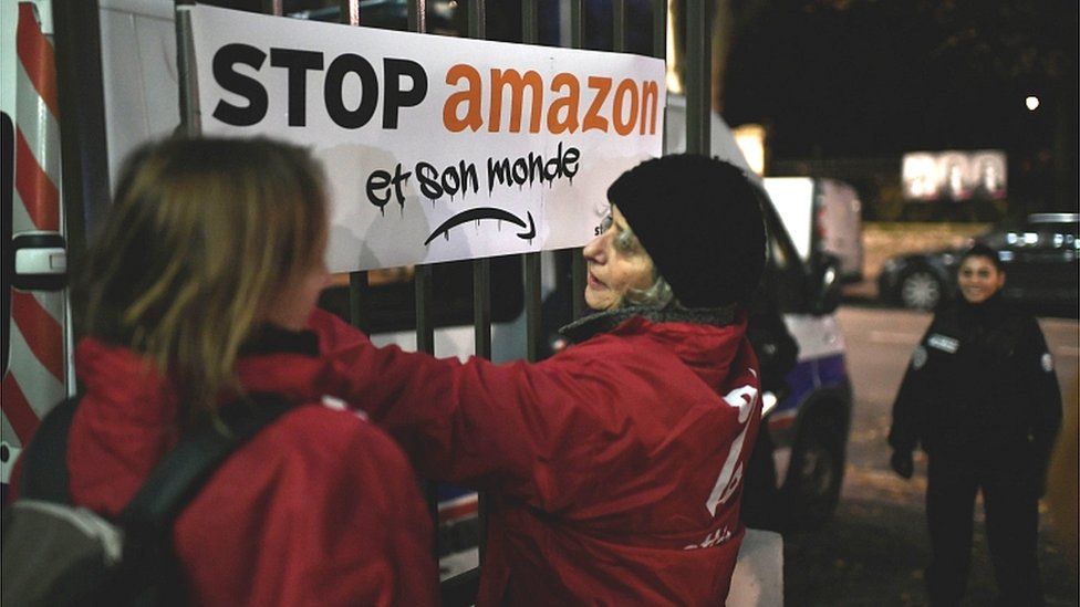 Protesters at Amazon France HQ