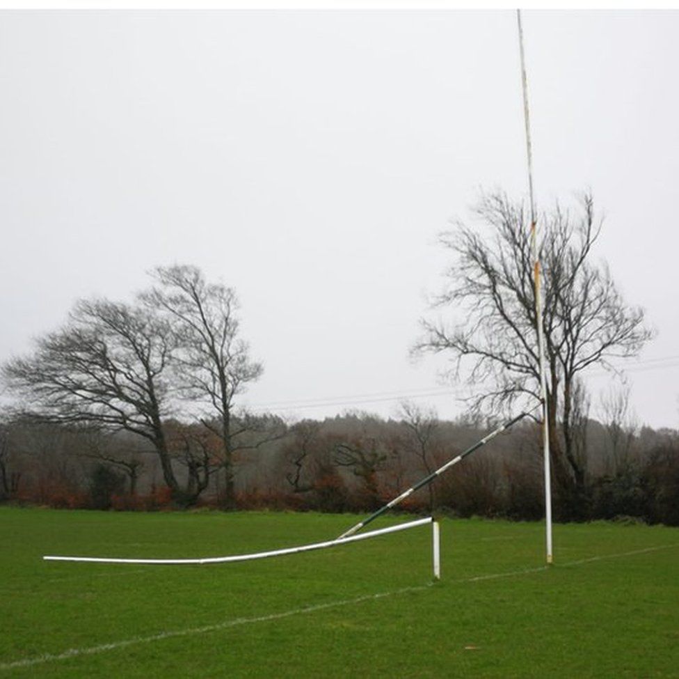 Broken rugby posts at Swansea Uplands RFC in Upper Killay