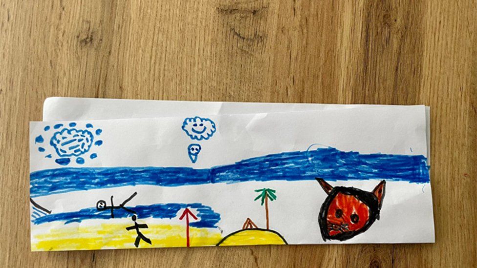 A friend of Anton's shared her four-year-old son's drawing after spending the night in a bomb shelter - it shows people fleeing a big red devil