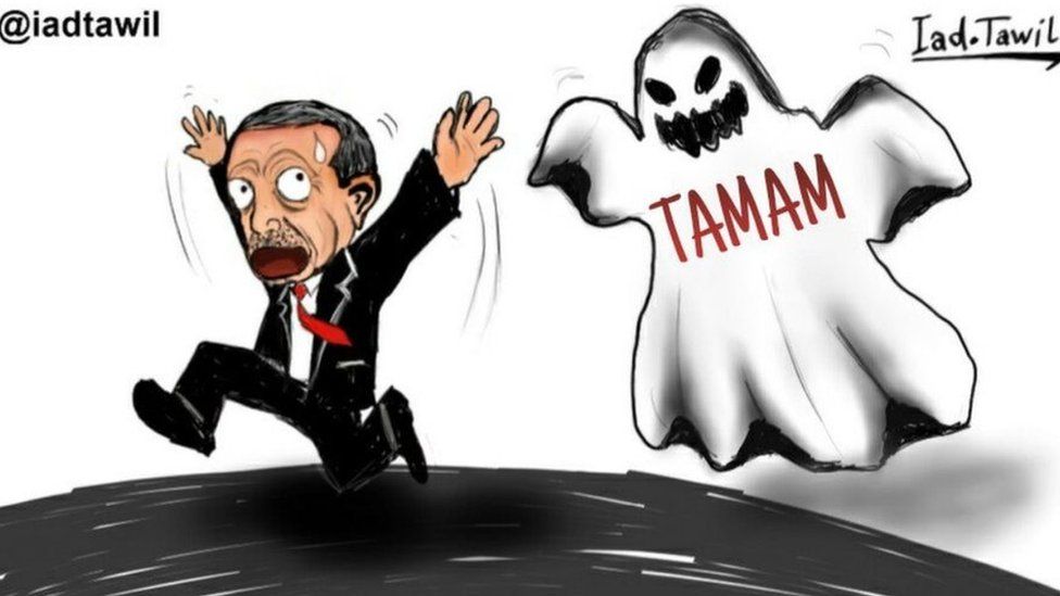 Cartoon of President Erdogan being chased by a ghost with the word TAMAM written on it's