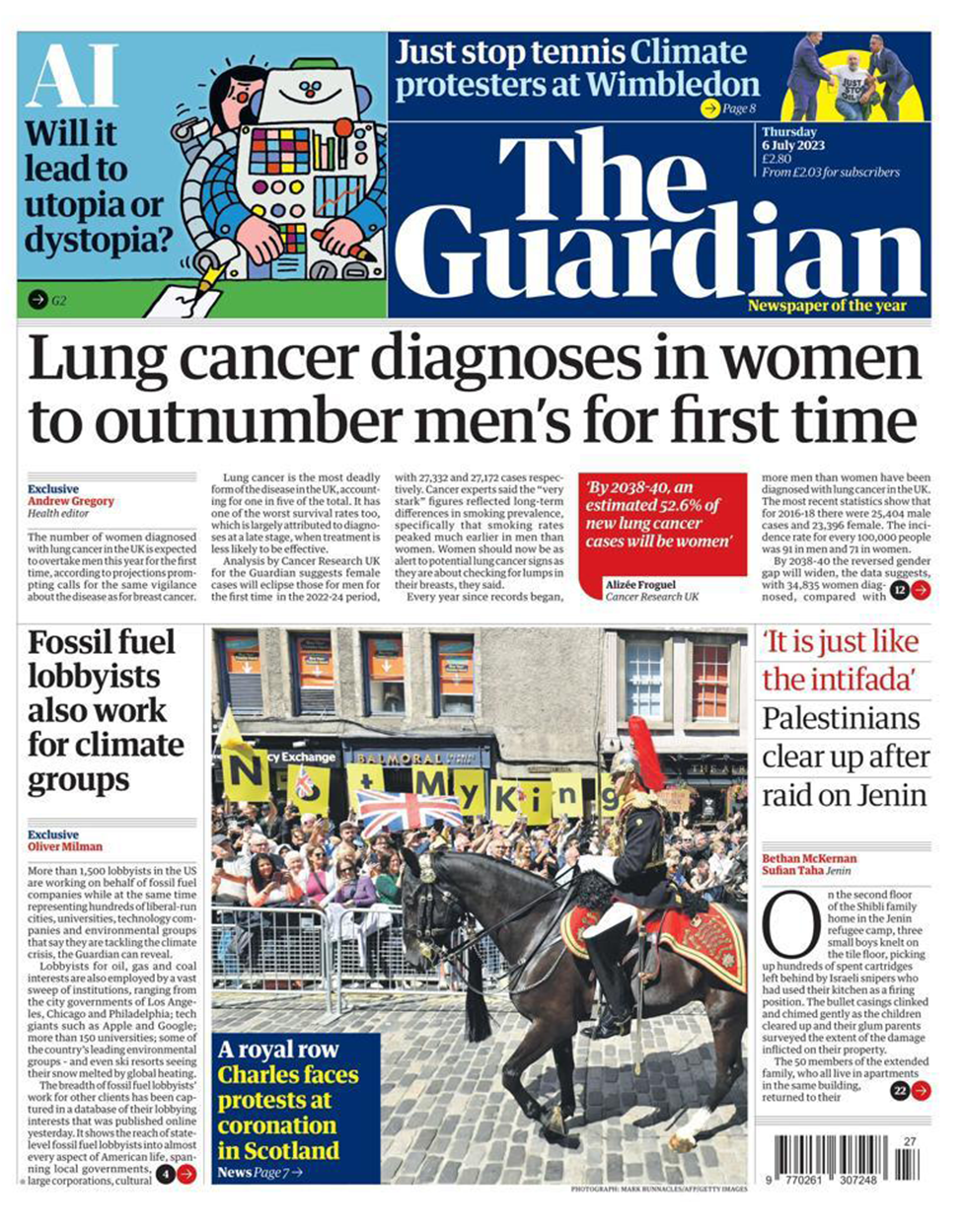 The headline on the front page of the Guardian reads: "Lung cancer diagnoses in women to outnumber men's for first time"