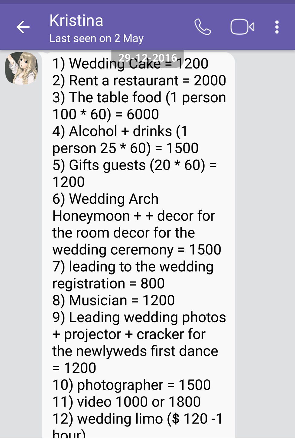 Wedding bill itemised