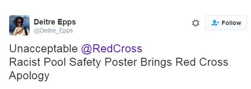 Tweet that reads: Unacceptable @RedCross Racist Pool Safety Poster Brings Red Cross Apology