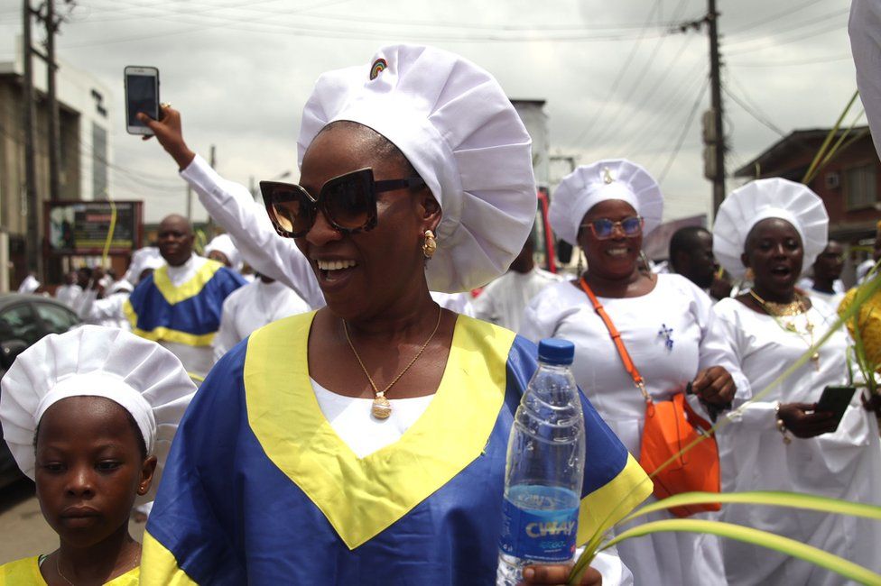 Celestial Church of Christ members participate in a procession during Palm Sunday, Lagos, Nigeria - 02 Apr 2023