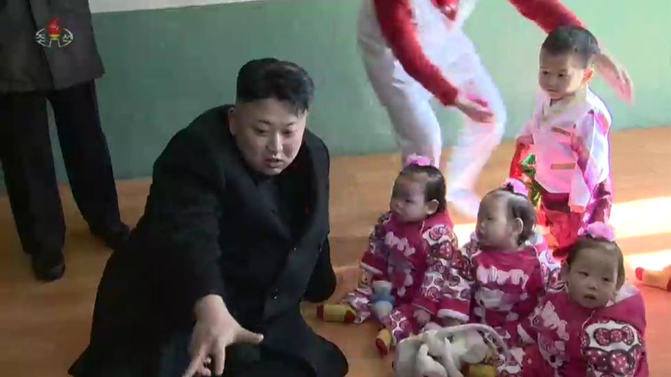 Kim Jong-un visits a children's centre on North Korean TV