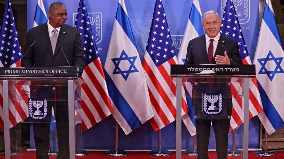 Israeli Prime Minister Benyamin Netanyahu meeting US Defence Secretary Lloyd Austin in Jerusalem on 12 April 2021