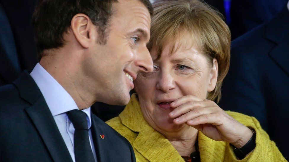 Emmanuel Macron and Angela Merkel speak at the EU summit in November 2017