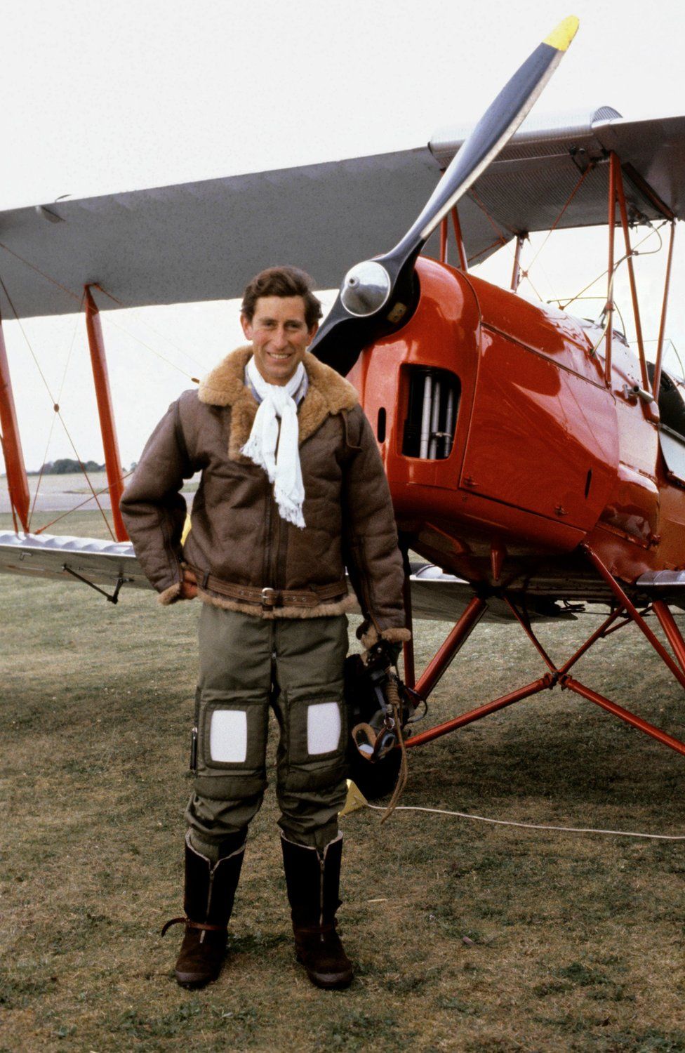 Prince of Wales in a Biggles-style flying outfit at RAF Benson