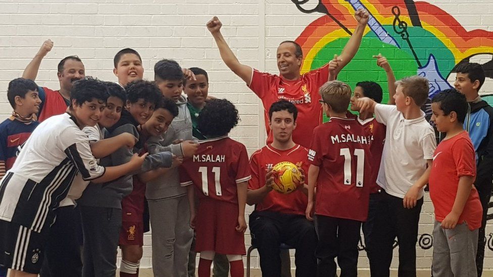 kids at Liverpool Arabic Centre, some in Mo Salah shirts