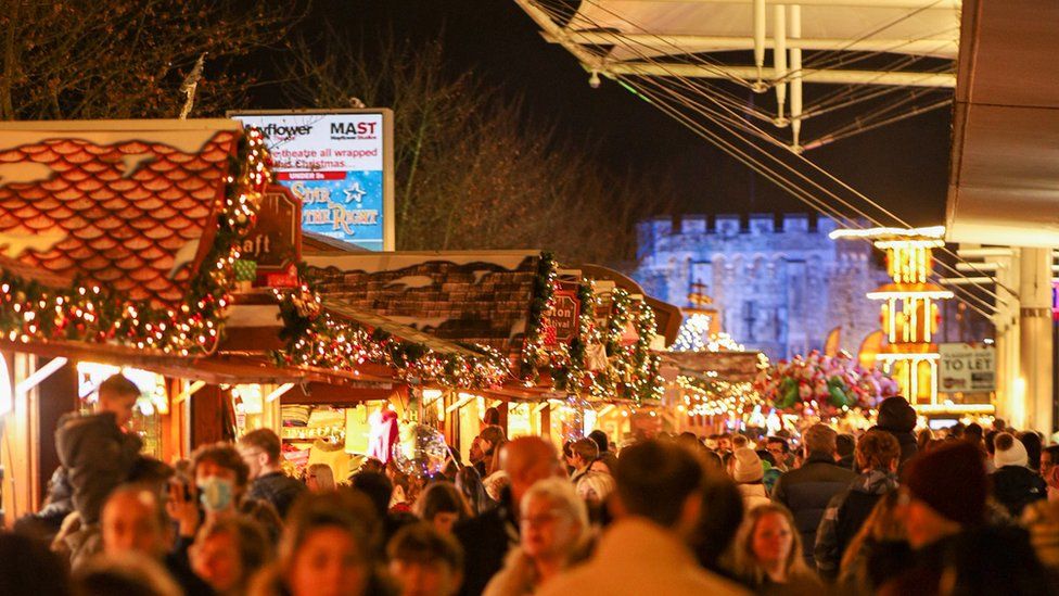 Busy Southampton high street with market