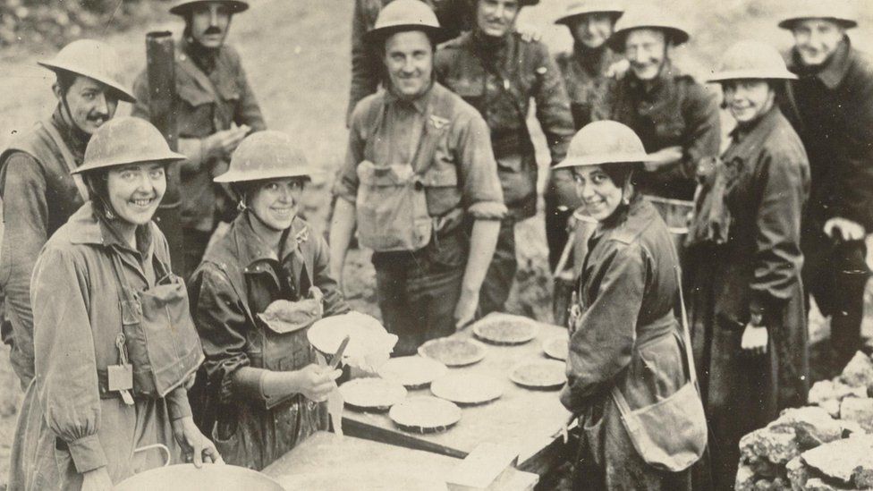 Troops receive donuts in an undated photograph from World War One