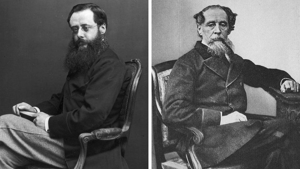 Wilkie Collins (l) and Charles Dickens (r) sitting on chairs