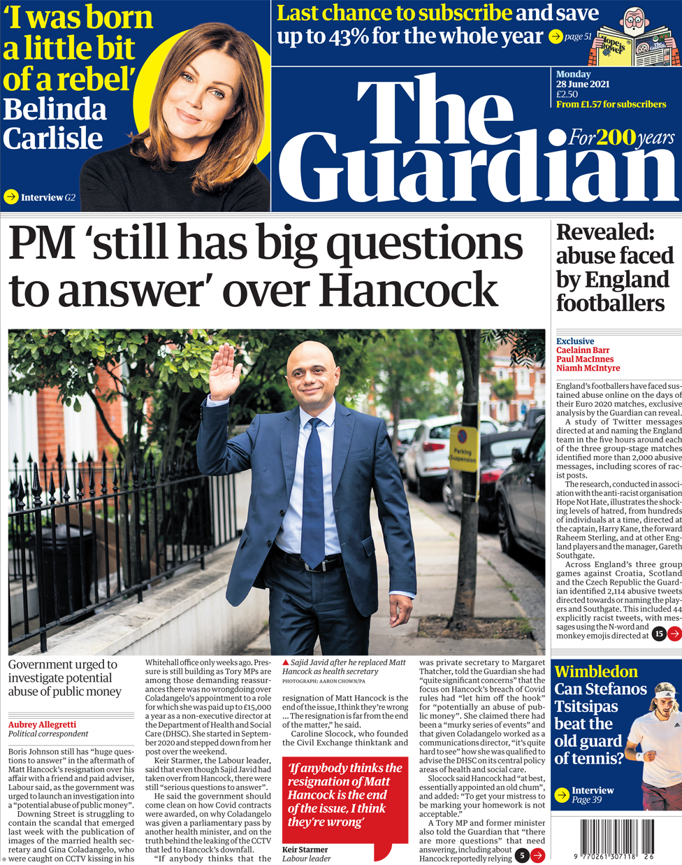 The Guardian front page 28 June 2021