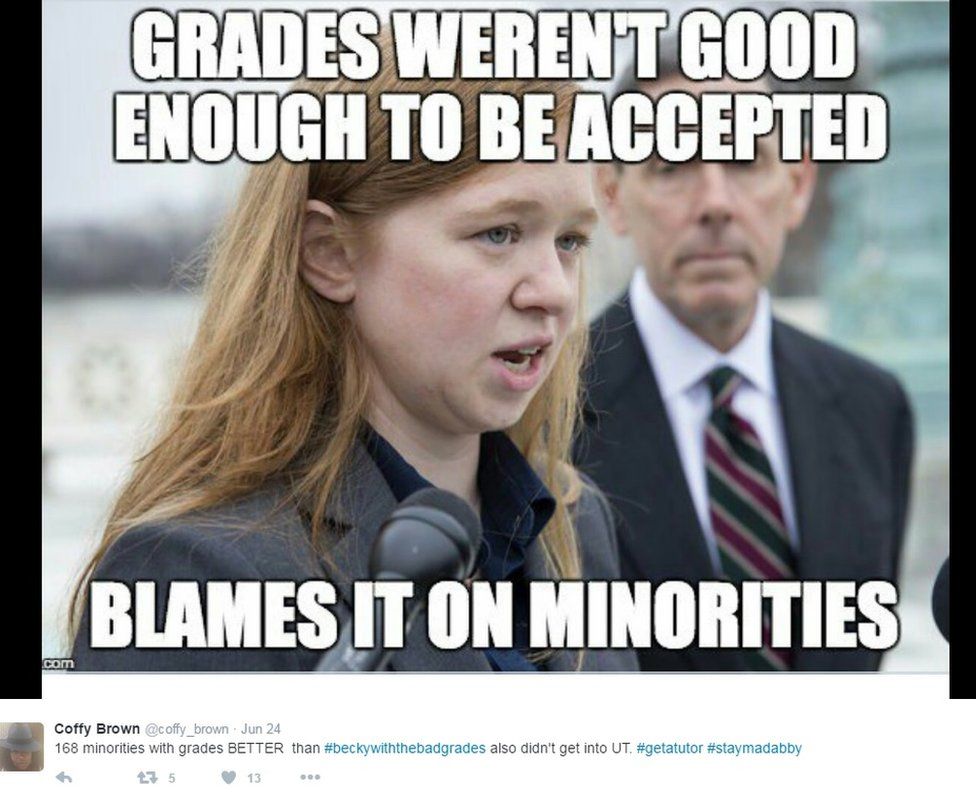 Photo of Fisher. Text says "Grades weren't good enough to be accepted. Blames it on minorities."