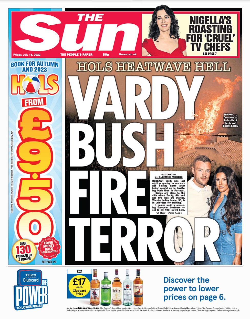 The Sun's front page, featuring the headline "Vardy bush fire terror"