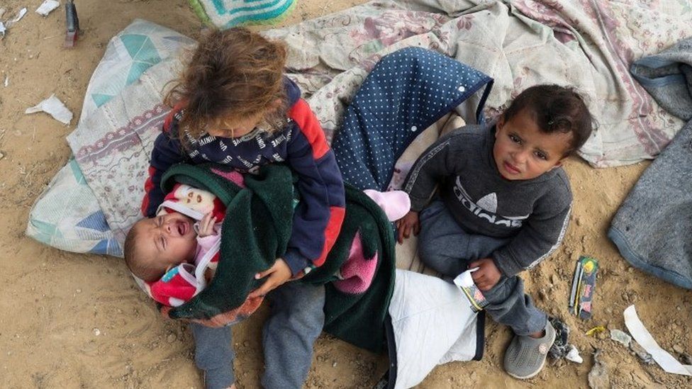 Displaced Palestinian children in tent camp in Rafah