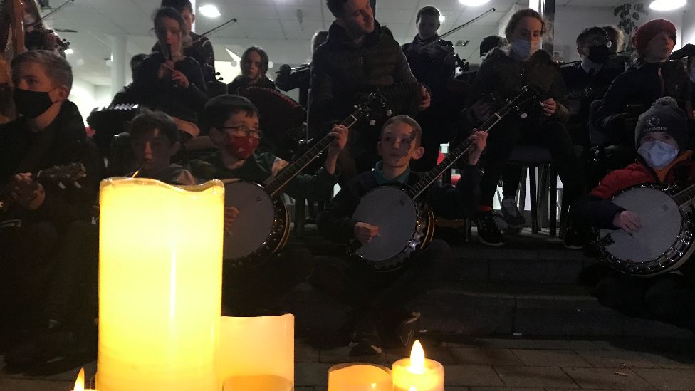 Traditional musicians, some of whom had met and played with Ms Murphy, performed at a vigil in Enniskillen, County Fermanagh