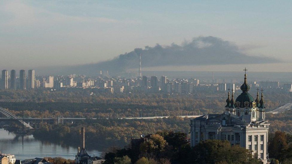 Smokes rises on outskirts of the city during a Russian missile attack, as their invasion of Ukraine continues, in Kyiv, Ukraine October 18,