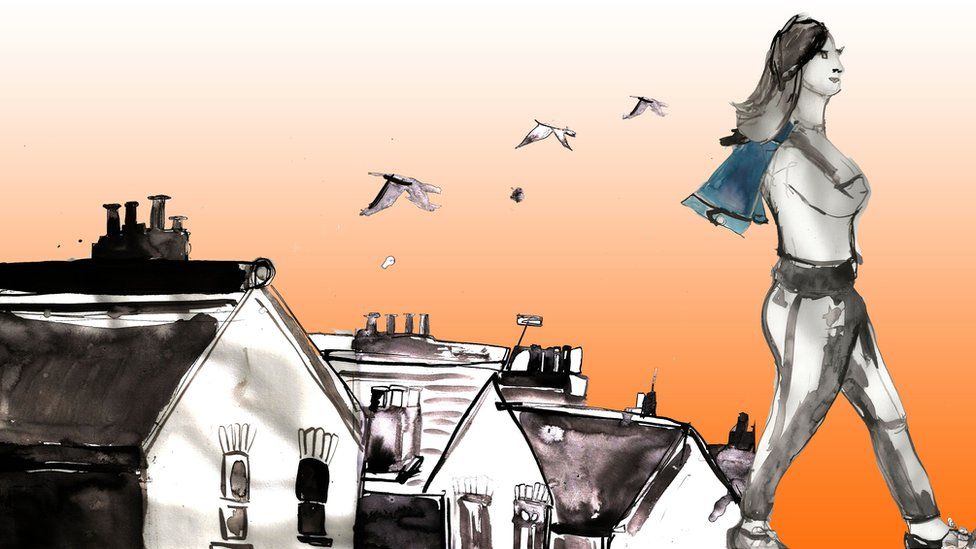 Illustration of a girl walking away wearing a cape and with birds flying in the sky