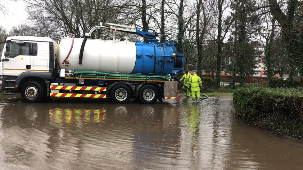 A lorry pups water at Treforest Industrial Estate in Cardiff
