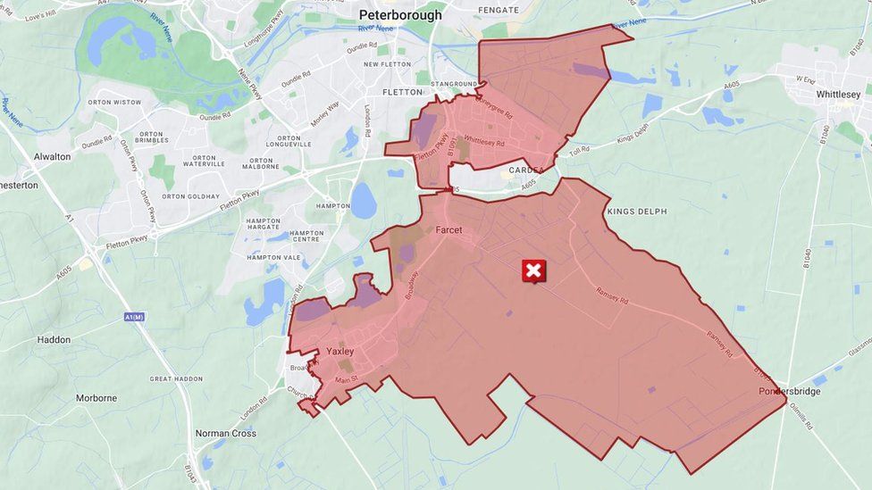 Map of flood affected area south of Peterborough
